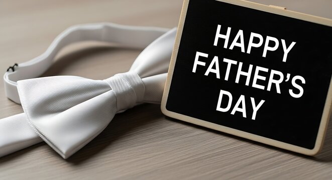 Happy Fathers Day message with white bow tie on wooden surface celebration concept