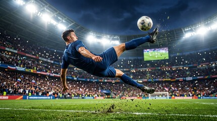 Fototapeta premium Football player performing an epic bicycle kick in a stadium