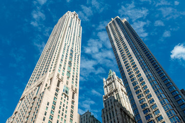 High skyscrapers rise into the air in downtown Manhattan featuring the historic Woolworth Building as a prominent architectural landmark in New York. © Jose Luis Stephens