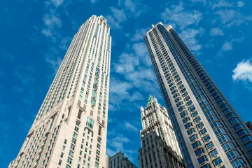 High skyscrapers rise into the air in downtown Manhattan featuring the historic Woolworth Building as a prominent architectural landmark in New York. © Jose Luis Stephens