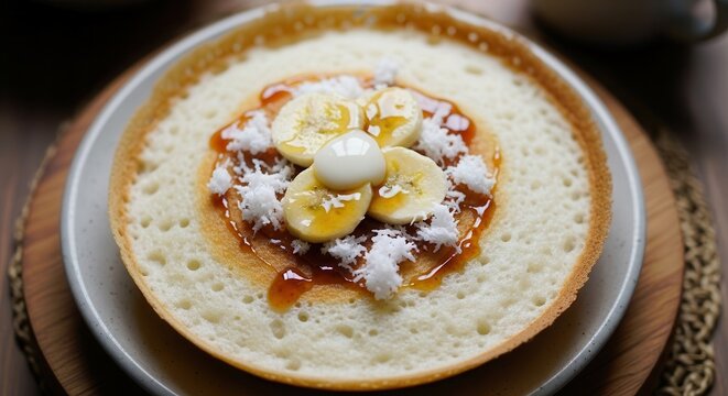 Delicious Serabi Pancake Topped with Fresh Banana Slices and Coconut Flakes.