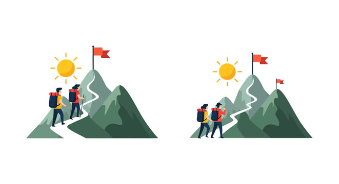 Hikers Climbing Mountain Peaks Flat Vector Illustration On White Background