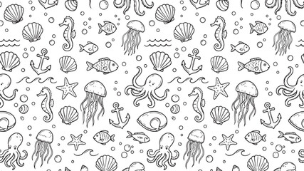 Whimsical underwater doodle pattern featuring various marine creatures and nautical elements © GraphicGrove