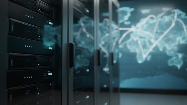 Closeup on secure server racks with blurred international transit maps behind conveying the global custodians role in safeguarding crossborder digital assets.