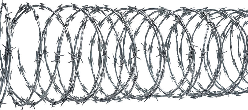 Coiled razor barbed wire fence isolated on white background for security and protection concept