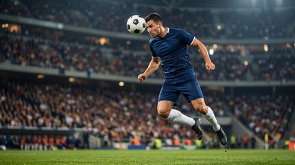 Naklejka premium Soccer player in blue uniform jumps to head a ball on a green field in a packed stadium
