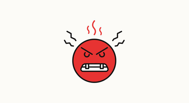 Angry Red Face Icon with Flames and Lightning Bolts - Frustration Symbol