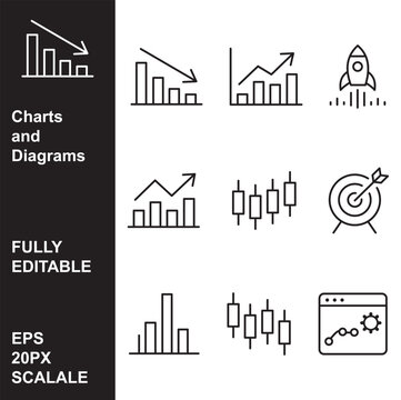 Business analytics and financial growth data line icons. Outline vector presentation elements of infographic bar charts, sales trends, and marketing goal.
