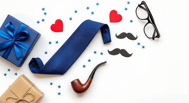 Fathers Day composition with gift box tie mustache pipe and stars on white background
