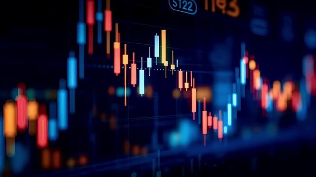 Dynamic financial candlestick chart showing real time price changes, reflecting the constant volatility and trends of the global stock market, cryptocurrency, or forex trading and investment