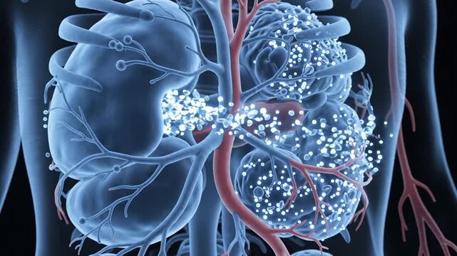 Lymphocyte Production And Circulation 3D Animation Showing The Human Body Internal Organs In Blue With Blood Vessels In Red And Lymphocytes In White