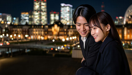 Fototapeta premium Elegant Young Asian Couple Enjoying a Romantic Night City Date