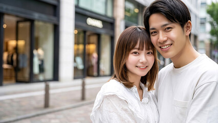 Fototapeta premium Happy young Japanese couple shopping together in modern city street