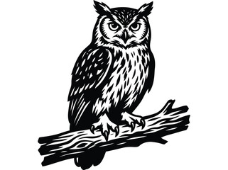 Fototapeta premium Black and white owl perched on tree branch illustration