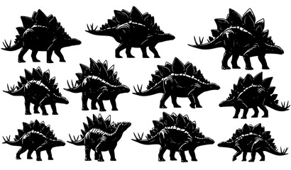 Stegosaurus Dinosaur Silhouette Collection with Different Prehistoric Animal Poses Vector Set © Boloram