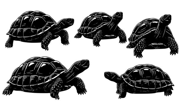 Tortoise and Turtle Silhouette Collection with Different Walking Reptile Pose Vector Set