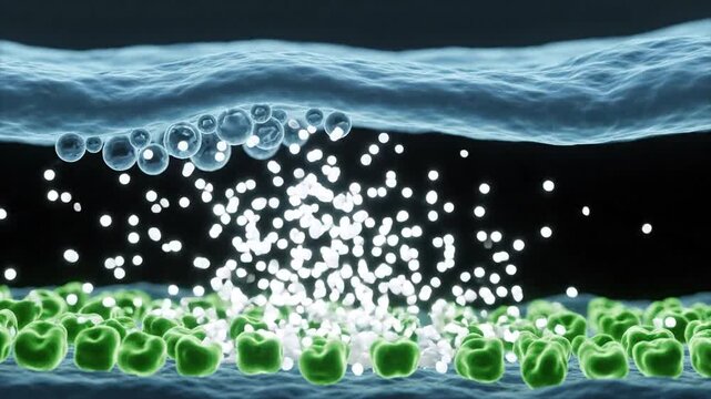 Molecular visualization of synapse with neurotransmitters releasing into synaptic cleft and binding to receptors in blue and green colors