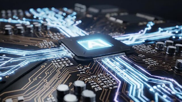 Futuristic AI Chip Processing Data with Glowing Blue Circuits.