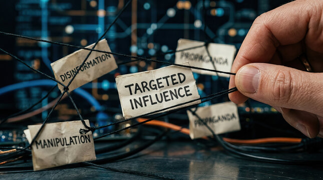 Targeted influence disinformation manipulation propaganda finger black string network cyber security hand closeup photo of finger pulling black string linking paper tags network background