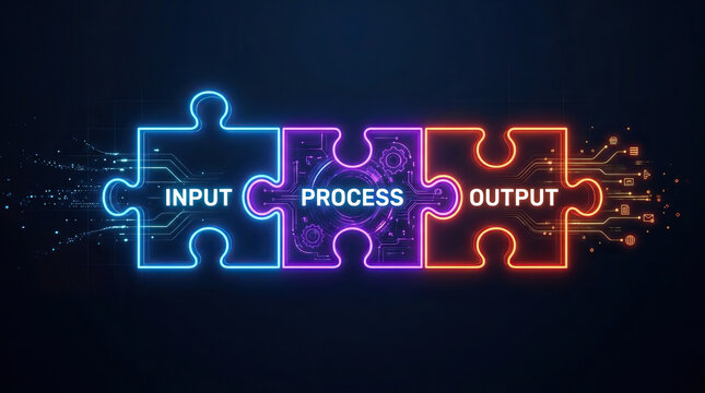 Input process output puzzle jigsaw workflow data automation technology Neon puzzle chain diagram showing input process output workflow, glowing jigsaw piece connection with digital circuit