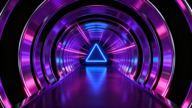 Neon tunnel with glowing triangle