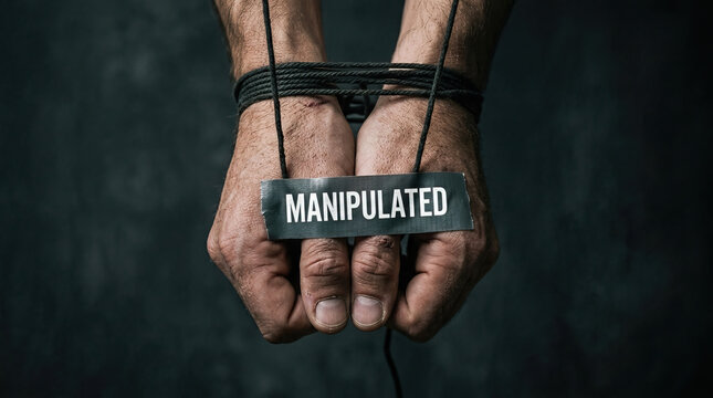 Hands bound rope manipulated control coercion captivity restraint abuse victim intimidation close up male hands tied with black rope holding manipulated label concept for control coercion