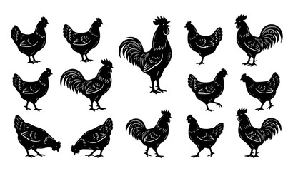 Chicken and Rooster Silhouette Collection Farm Bird Vector Set © Boloram