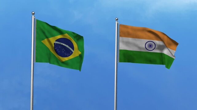 Brazil and India Waving Flags, 3D Illustration