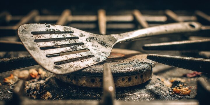 Burnt Spatula and Burnt Pancake on Stovetop