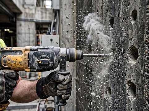Man drilling into a concrete wall with a power drill