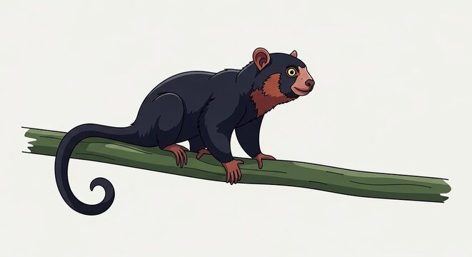 Cartoon illustration of a cuscus animal perched on a tree branch isolated