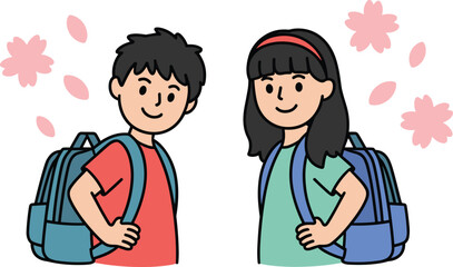 Obraz premium Cute school children with backpacks and cherry blossom petals vector illustration, spring back to school