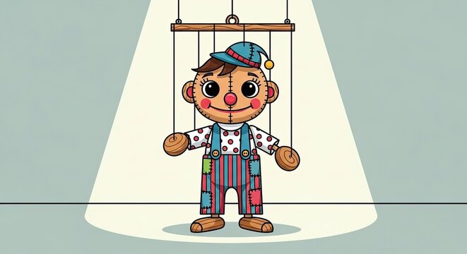 Cartoon puppet character hanging under spotlight isolated on light background
