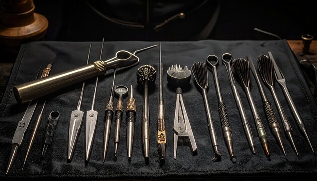 A meticulously arranged set of lock picking tools, showcasing precision instruments for security training and skill development