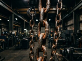 Naklejka premium Rusty metal chains hanging in an industrial warehouse setting indoors
