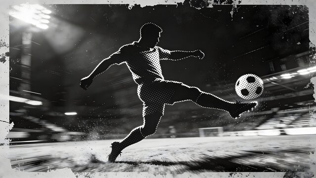 Black-and-white action photograph of a soccer player in mid-kick, silhouetted against a stadium backdrop with blurred stadium lights. The player's muscular physique is highlighted, and the ball is cle