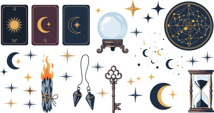 Mystical and Esoteric Vector Set Featuring Tarot Cards Crystal Ball Astrological Constellations Sage Pendulum Key and Hourglass Icons