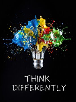 Think differently concept with light bulb and colorful paint explosion lightbulb creativity