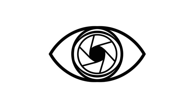 Abstract eye symbol with camera aperture iris, concept of vision, photography, and observation