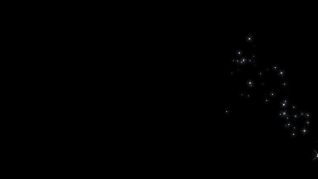 White glitter sparkle trail with twinkling magic stars, fairy dust shimmer line, glowing pixie particles, luxury starlight burst, seamless sparkling transition on black screen for motion graphics 4k