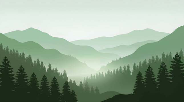 Layered mountain scene vector illustration in shades of green and gray