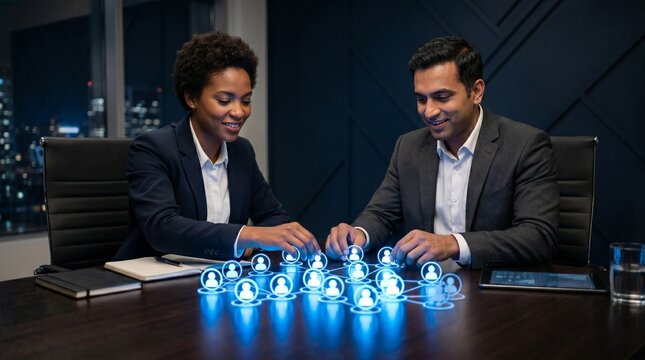 Diverse business team collaboration concept. Male and female professionals arranging person icons on dark table. Inclusive workforce planning.