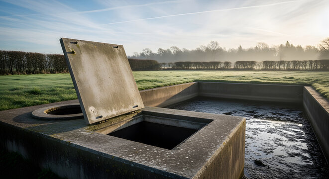 Concrete septic tank with open lid in a rural green field | Industrial wastewater treatment and sewage system maintenance | Underground storage tank inspection | Farm infrastructure sanitation