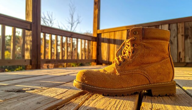 A heavily worn desert tan suede combat boot coated in sand rests on a wooden deck bathed in warm sunlight.