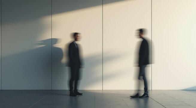 Two men standing in a room with a wall and a shadow