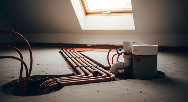Professional underfloor heating installation in attic renovation | Orange PEX pipes layout for home heating system | Residential plumbing and drainage system construction | Modern HVAC engineering