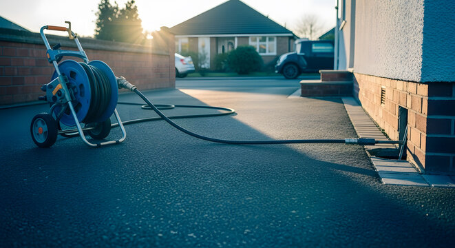 Professional High Pressure Drain Cleaning Equipment on Residential Driveway | Sewer Jetting Service for Blocked Pipes | Plumbing Maintenance and Repair | Water Hose Reel in Sunny Suburban Yard
