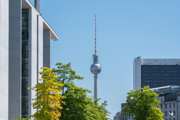 The Berlin TV Tower rises between city buildings and green deciduous trees. Clear daylight, blue sky, and urban framing create a recognizable German capital view. © Jakob