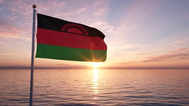 Malawi flag waving at sunset by water