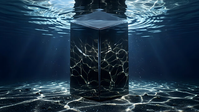 Underwater diver exploring sunken treasure chest in deep blue ocean with dramatic light rays